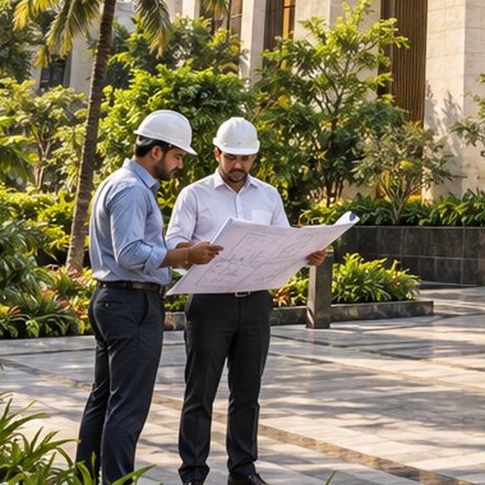 Two Edge engineers checking the drawings on site